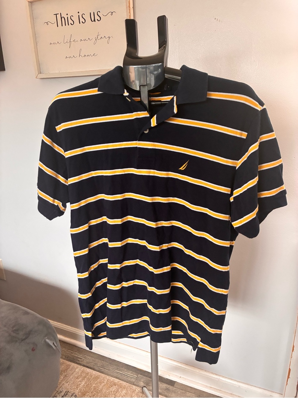 Nautica Men's Navy Polo with Yellow & White Stripes